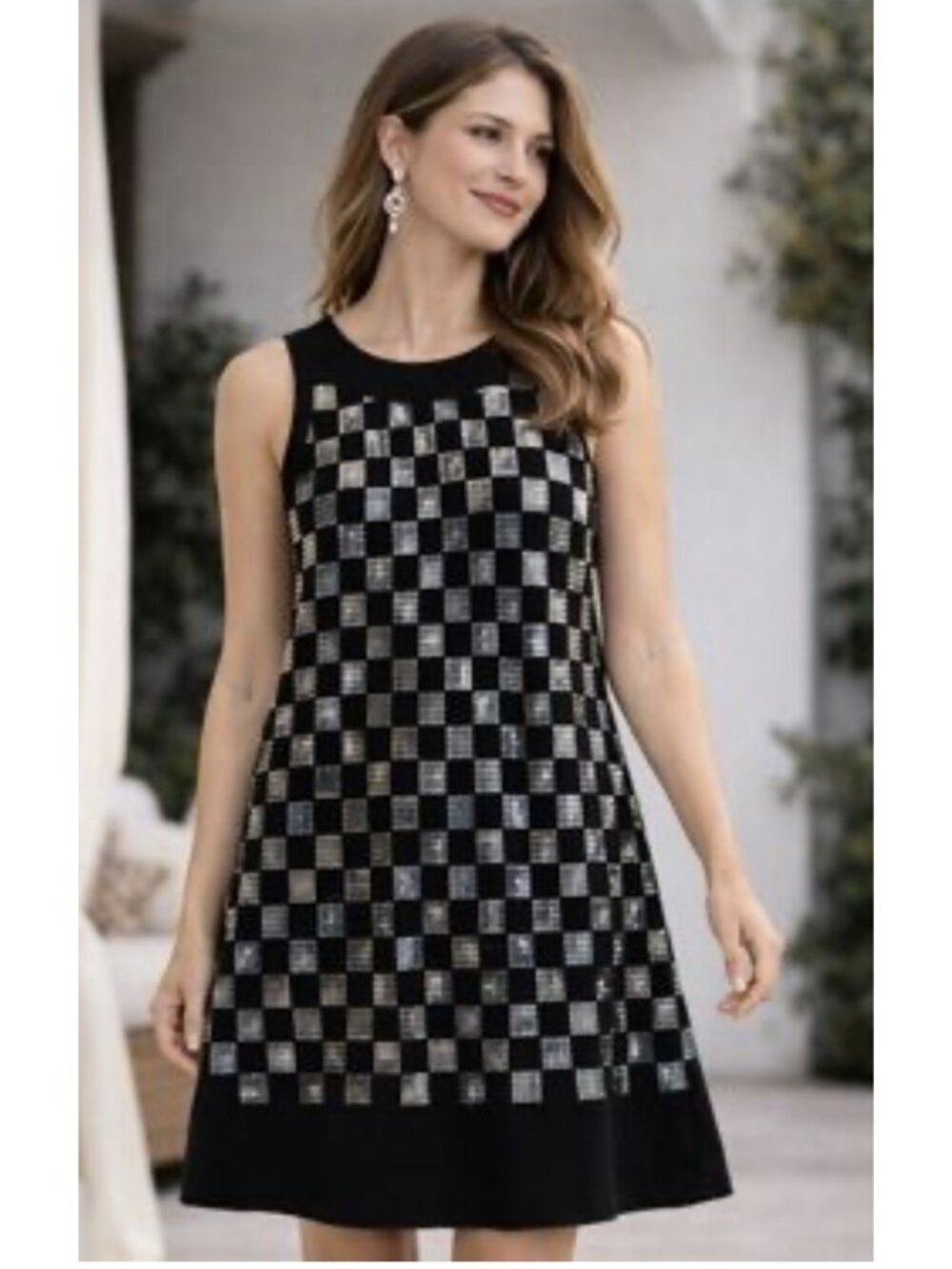 Womens Sequin Checkered Cocktail Dress Black Silver Sleeveless Shift Party Sz: 6